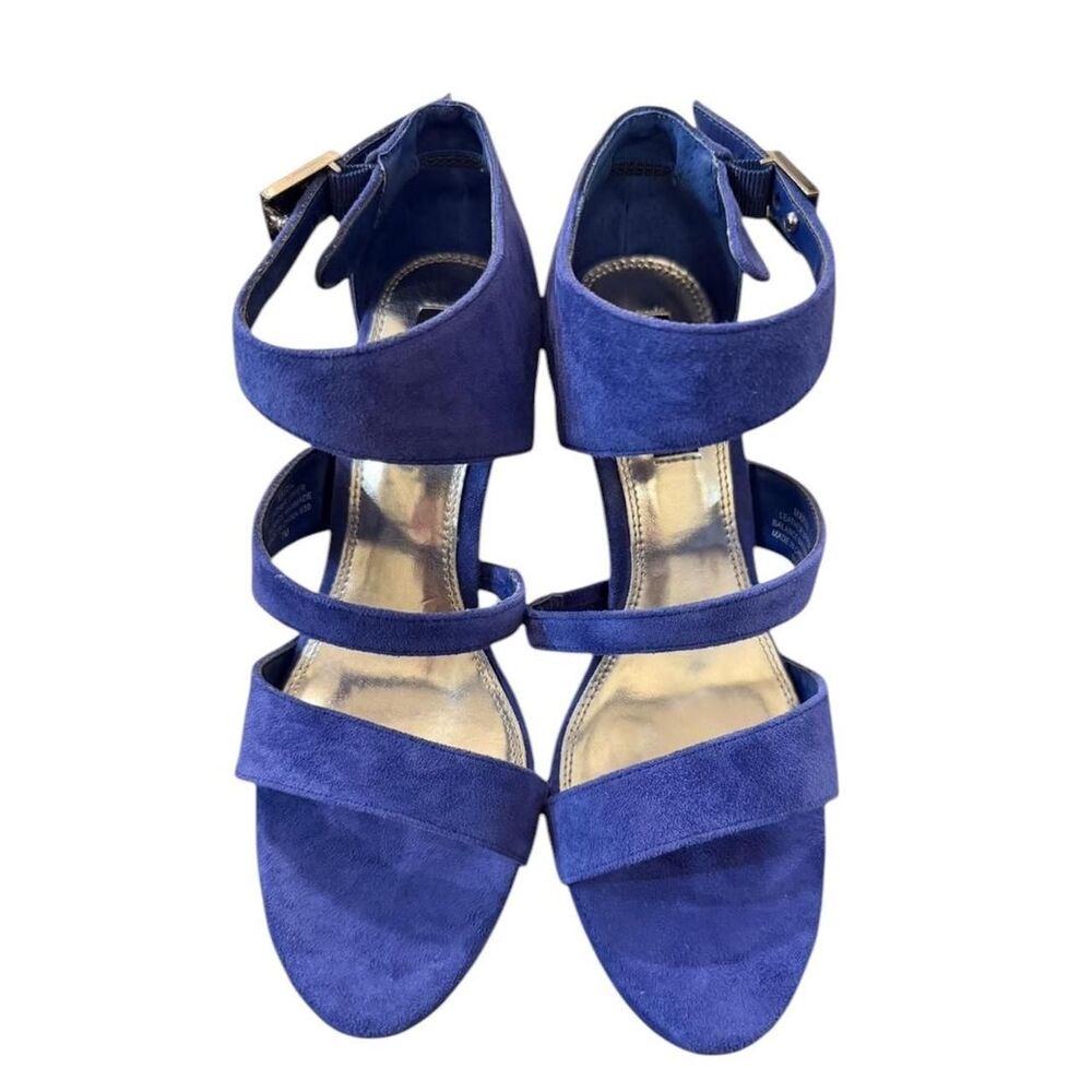 White House Black Market Blue suede strappy heels with buckle detail